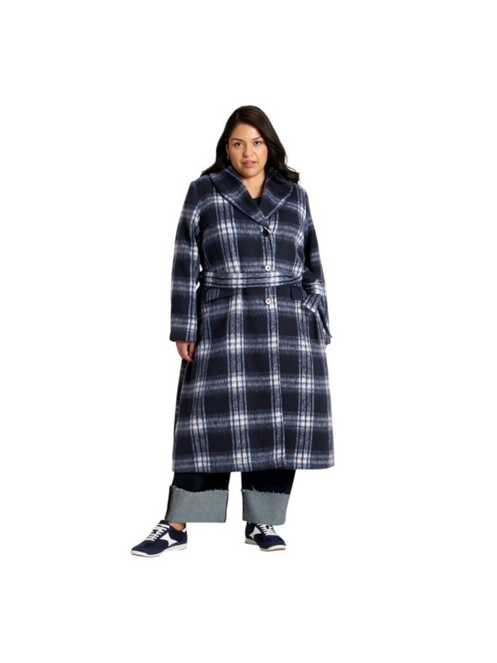 NWT Ava & Viv Belted Shawl Collar Long Coat 94675527 Blue Multi 1X